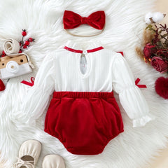 2PCS Christmas Bowknot Decor Long Sleeve Baby Velvet Romper