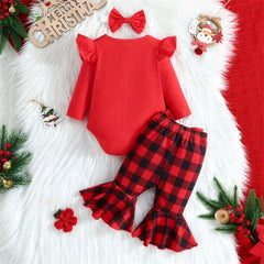 3PCS Christmas Be Nice To The Slp Santa Is Watching Letter Plaid Print Baby Set