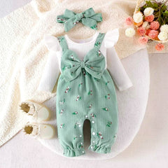 2PCS Cheerful Floral Print Bow Long Sleeve Baby Girl Jumpsuit