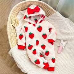 Cute Strawberry Printed Zipper Long Sleeve Fleece Baby Hooded Jumpsuit