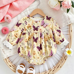 Sweet Butterfly Floral Print Long Sleeve Baby Girl Romper