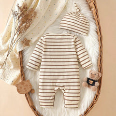2PCS Cute Bear Applique Stripe Printed Long Sleeve Baby Jumpsuit