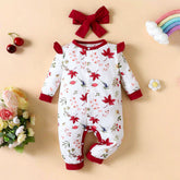 2PCS Allover Leaf Print Long Sleeve Baby Girl Jumpsuit