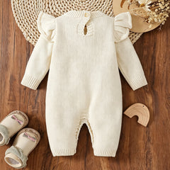 Elegant Floral Embroidery Long Sleeve Knit Baby Girl Jumpsuit