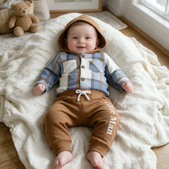 2PCS Chic Little Man Letter Plaid Print Long Sleeve Hoodie Baby Set