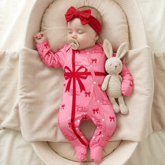 2PCS Christmas Bowknot Printed Long Sleeve Baby Jumpsuit