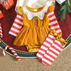 2PCS Gingerbread Man Stripe Print Velvet Baby Christmas Romper
