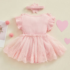 2PCS Sweet Solid Color Printed Baby Romper
