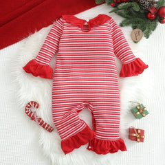 Santa Claus Applique Striped Knit Baby Girl Christmas Jumpsuit