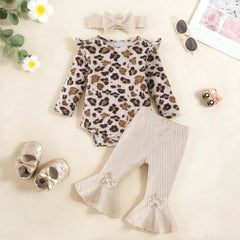 3PCS Lovely Leopard Print Long Sleeve Baby Girl Set