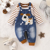 2PCS Cute Dog Stripe Print Long Sleeve Baby Denim Overalls Set