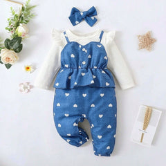2PCS Chic Heart Print Faux Two Piece Long Sleeve Baby Jumpsuit
