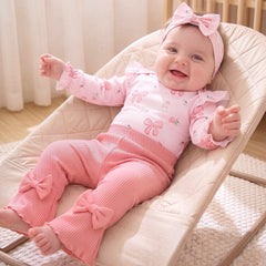 3PCS Delightful Bow Floral Print Long Sleeve Baby Girl Set