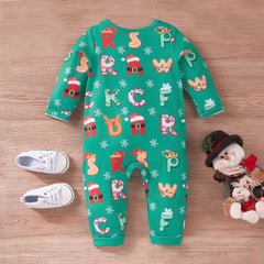 Lovely Cartoon Christmas Alphabet Print Long Sleeve Baby Jumpsuit