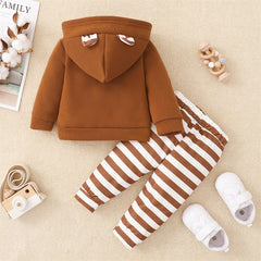 2PCS Casual 3D Ear Stripe Print Long Sleeve Hoodie Baby Set