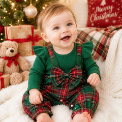 2PCS Vibrant Plaid Print Bow Long Sleeve Baby Girl Jumpsuit
