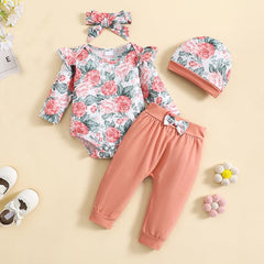 Conjunto de bebê de manga comprida com estampa floral doce 4 unidades