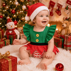 2PCS Green Red Elf Style with Striped Bloomer Flutter Sleeve Baby Romper