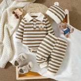 3PCS Stripe Print Bear Applique Long Sleeve Baby Set