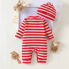 2PCS Mama's Baby Letter Applique Striped Knit Baby Christmas Jumpsuit
