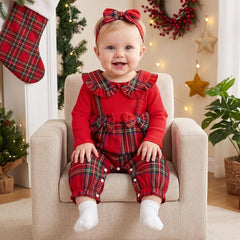 2PCS Cheerful Plaid Print Bow Long Sleeve Baby Girl Jumpsuit