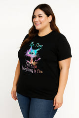 It's Fine I'm Fine Everything Is Fine Cat Print Women Slogan Plus Size T-Shirt
