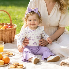 3PCS Lovely Butterfly Print Bowknot Long Sleeve Baby Girl Set