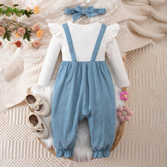 2PCS Cute Faux Two Piece Heart Embroidery Baby Girl Corduroy Jumpsuit