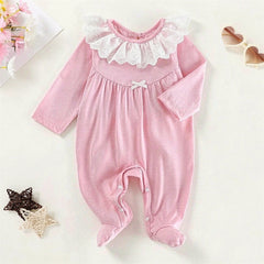 Winsome Solid Color Long Sleeve Lace Baby Girl Jumpsuit