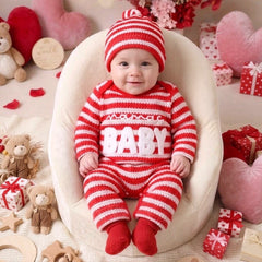 2PCS Mama's Baby Letter Applique Striped Knit Baby Christmas Jumpsuit