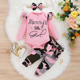 3PCS Mommy's Little Girl Letter Printed Rufffled Romper With Camouflage Printed Pants Baby Girl Set
