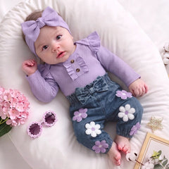 2PCS Pretty Floral Applique Long Sleeve Baby Girl Denim Set