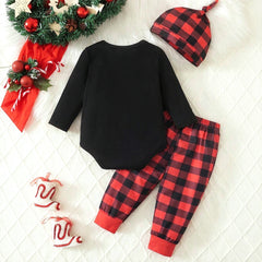 3PCS The Baby Who Stole Christmas Letter Plaid Print Baby Boy Set