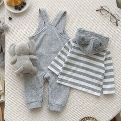 2PCS Elephant Applique Stripe Printed Fuzzy Baby Overalls Set