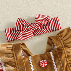 2PCS Gingerbread Man Flutter Sleeve Christmas Baby Girl Velvet Romper