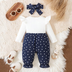 2PCS Lovely Color Block Heart Print Long Sleeve Baby Jumpsuit