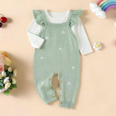 Sweet Floral Faux Two-Piece Long Sleeve Knit Baby Girl Jumpsuit