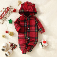 Cute 3D Ear Plaid Printed Long Sleeve Hooded Baby Fleece Jumpsuit