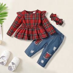 Conjunto de bebê estampado xadrez de Natal 3 peças