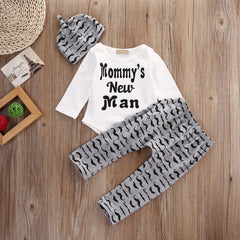 3 peças macacão masculino novo da mamãe menino + calça com chapéu