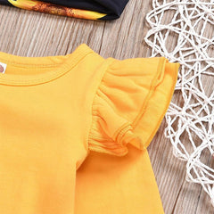 Ensemble 3 pièces body + pantalon + bandeau tournesol à manches flottantes