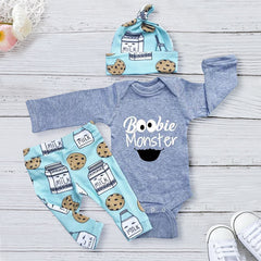 Barboteuse imprimée lettre « Boobie Monster » 3 pièces avec pantalon imprimé lait, ensemble pour bébé