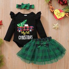 Conjunto de saia de bebê com estampa de carta de Natal 3 peças My 1st