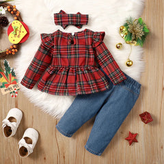 Conjunto de bebê estampado xadrez de Natal 3 peças