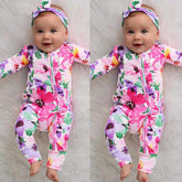 2PCS Infant Baby Long Sleeve Floral Printed Zipper Jumpsuit