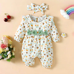 2PCS Orange Bear Print Long Sleeve Baby Jumpsuit