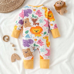 Adorable Cartoon Animal Printed Long Sleeve Zipper Baby Jumpsuit