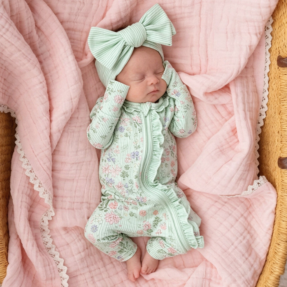 2PCS Romantic Baby Girl Floral Print Ruffle Long Sleeve Zipper Jumpsuit
