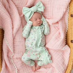 2PCS Romantic Baby Girl Floral Print Ruffle Long Sleeve Zipper Jumpsuit