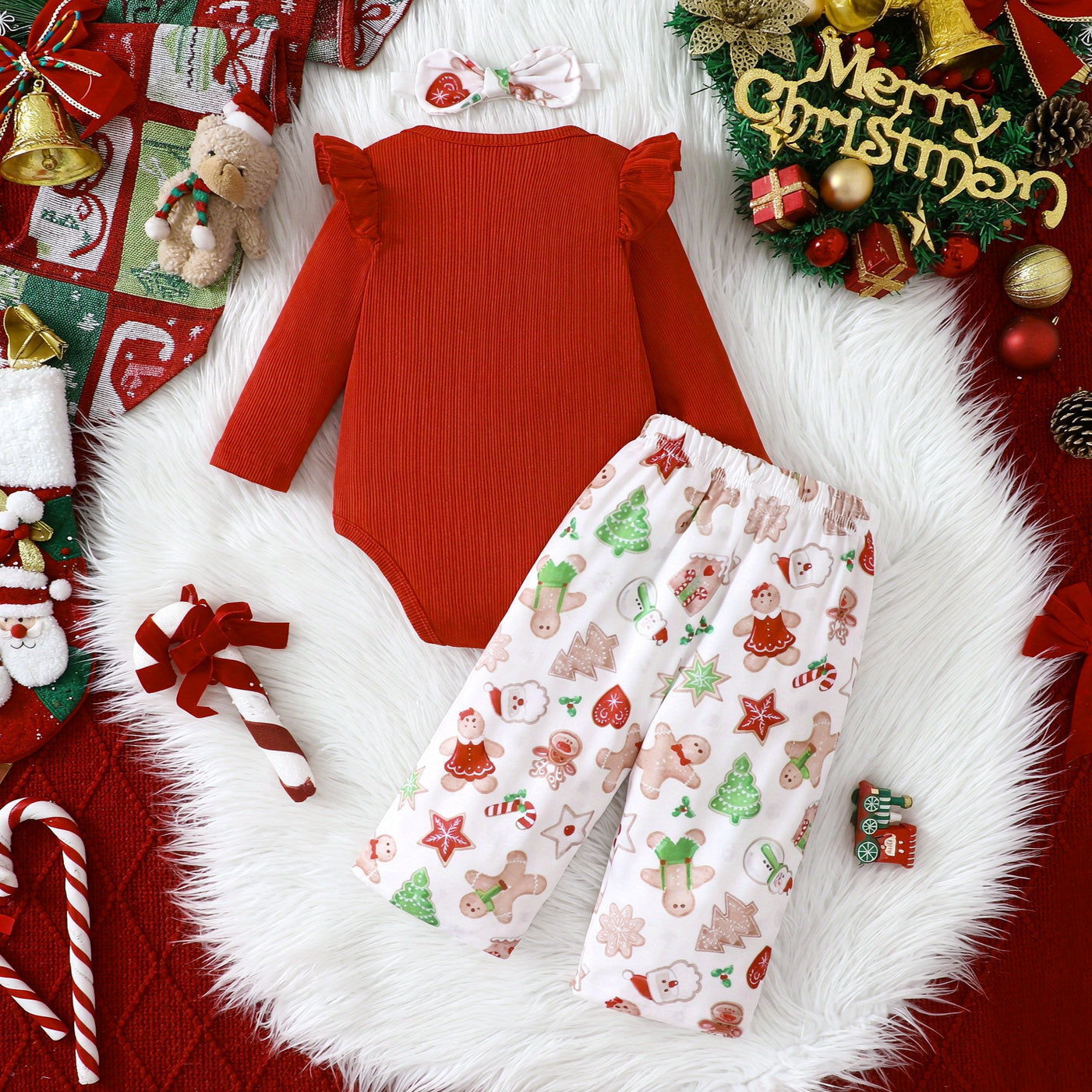 3PCS My 1st Christmas Letter Gingerbread Print Baby Girl Set
